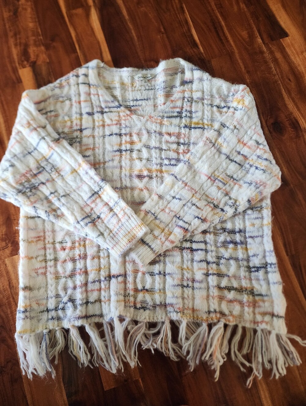 DAVI & DANI Ivory Fringe Plaid Knit Sweater with Pastel Accents